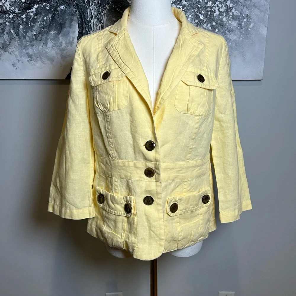 Chico's Yellow linen utility jacket Women's size 0 button front lightweight